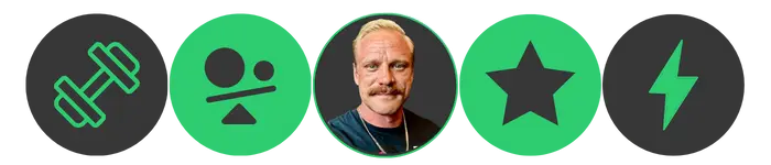 Mobil header med Jezper Lindstrand och ikoner för träning, balans, motivation och energi – Revive With Jez