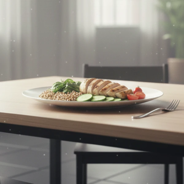 Hälsosam måltid med kyckling, grönsaker och fullkorn
