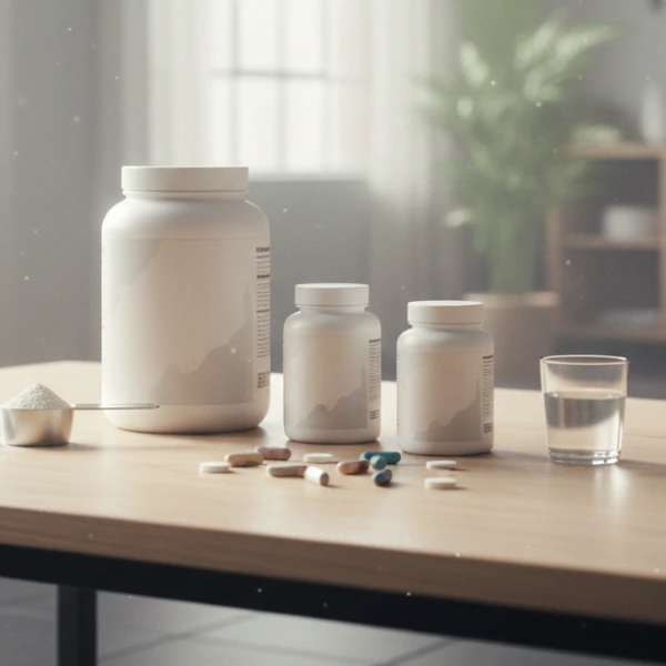 Kosttillskott, proteinpulver och vitaminer på ett bord